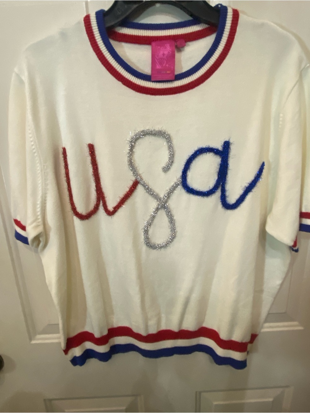 QUEEN OF SPARKLES White Crewneck Sweater with Red, Blue & Silver Accents